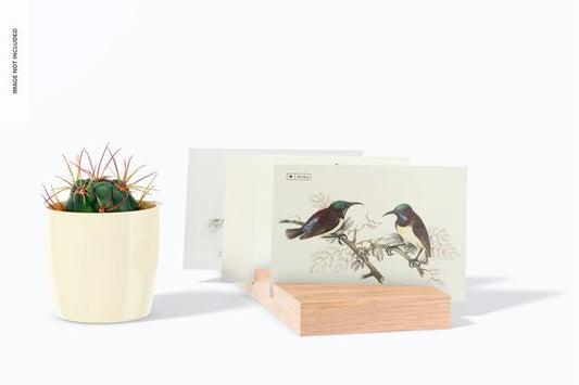 Free A5 Postcard On Wood Stand With Plant Mockup Psd