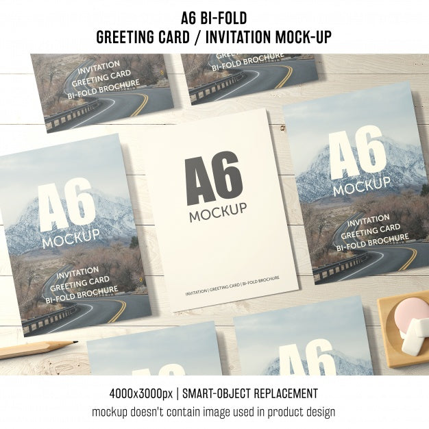 Free A6 Bi-Fold Greeting Card Mockup Of Seven Psd