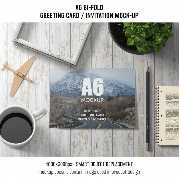 Free A6 Bi-Fold Greeting Card Template With Coffee And Plant Psd