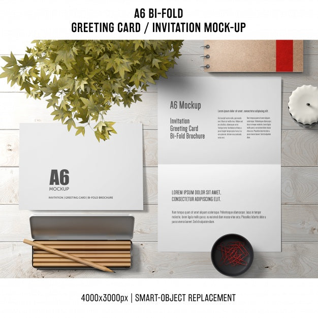 Free A6 Bi-Fold Greeting Card Template With Pencils And Plant Psd