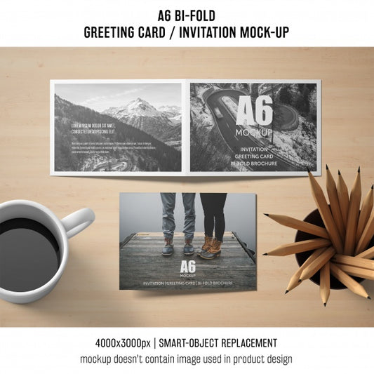 Free A6 Bi-Fold Invitation Card Mockup With Coffee Psd