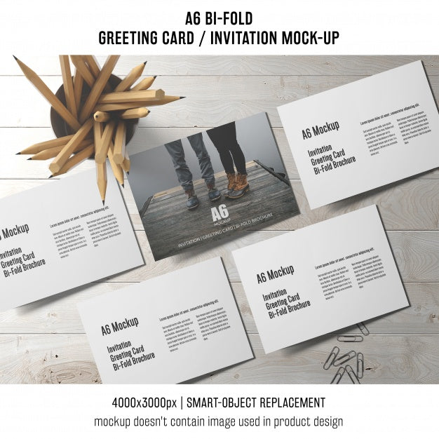 Free A6 Bi-Fold Invitation Card Template With Pencils Psd