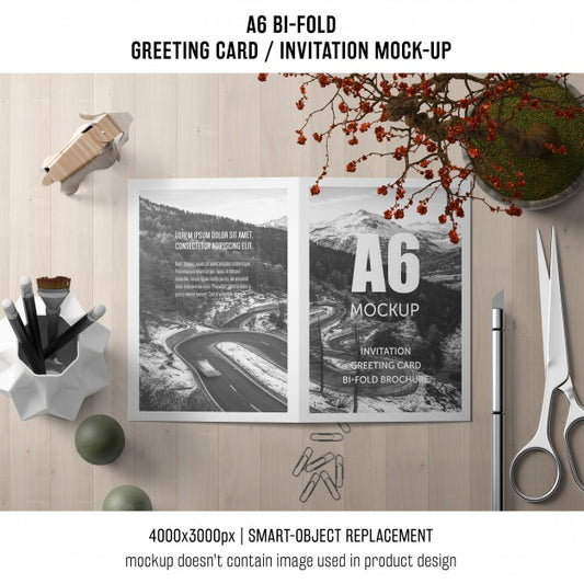 Free A6 Bi-Fold Invitation Card Template With Scissors And Plant Psd