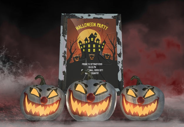Free Abandoned House Halloween Party Poster And Clown Carved Pumpkins Psd
