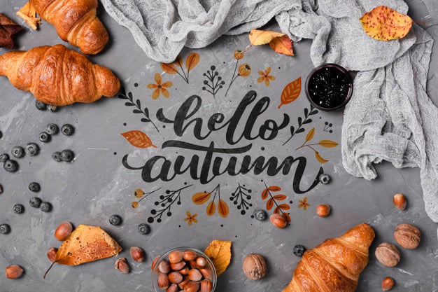 Free Above View Autumn Breakfast On Stucco Background Psd