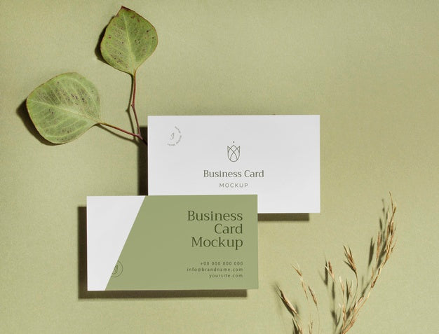 Free Above View Business Cards With Leaves Psd