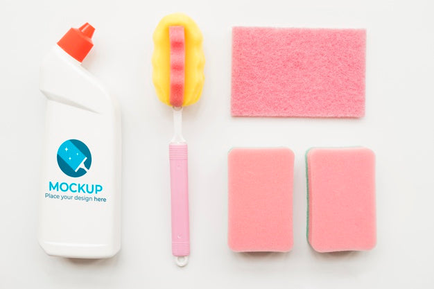 Free Above View Detergent Bottle And Sponges Psd