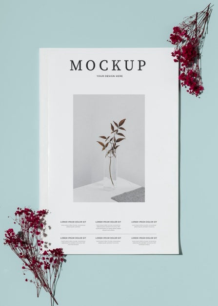 Free Above View Magazine And Flowers Arrangement Psd