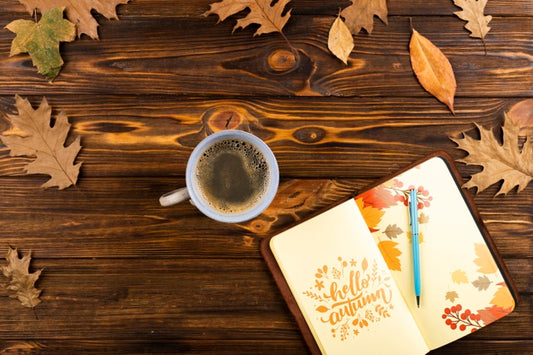 Free Above View Opened Notebook With Coffee Arrangement Psd