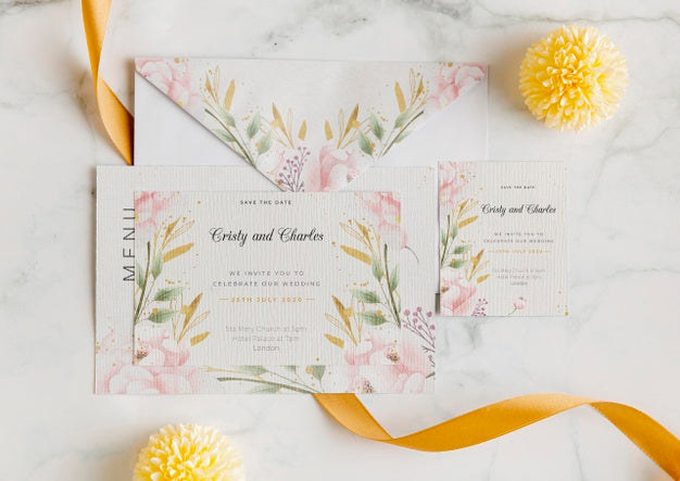 Free Above View Wedding Invitation With Flowers Psd