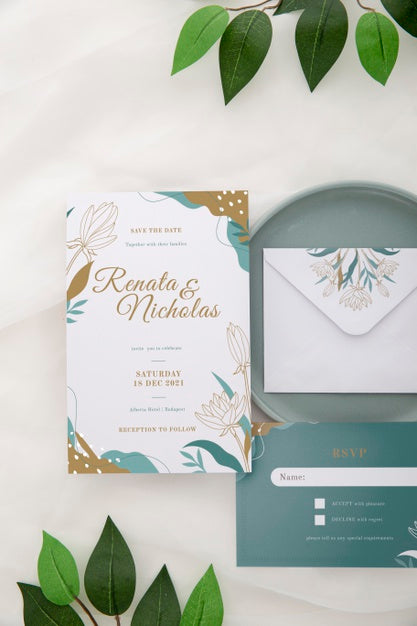 Free Above View Wedding Invitation With Leaves Psd