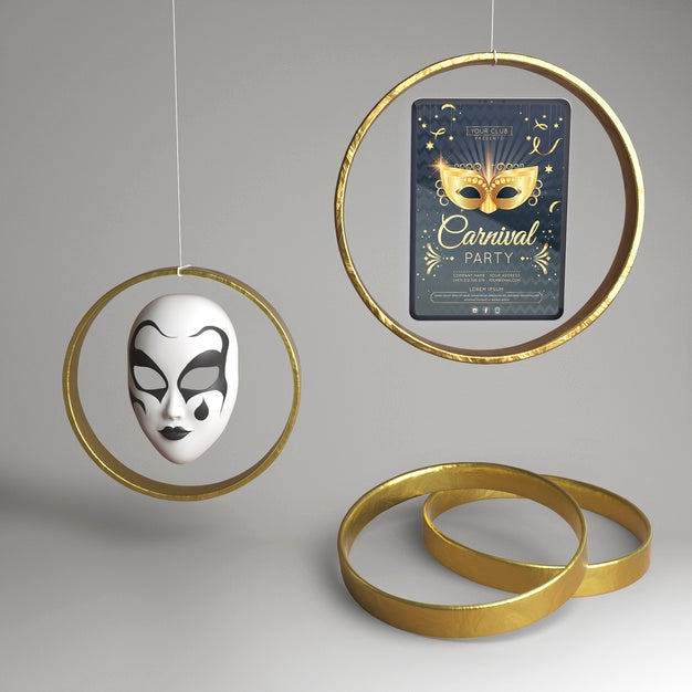 Free Abstract Concept Of Masked Carnival Party And Golden Rings Psd