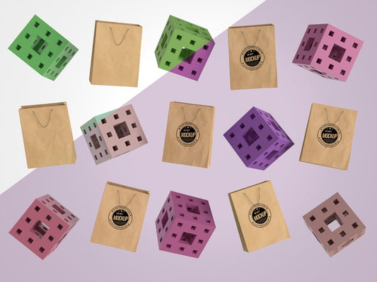 Free Abstract Mock-Up Merchandise With Paper Bags And Cubes Psd