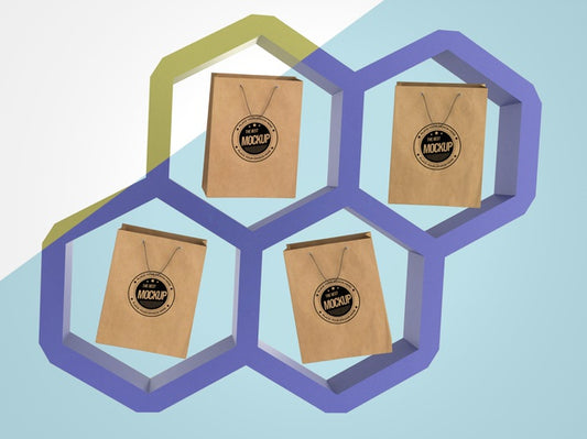 Free Abstract Mock-Up Merchandise With Paper Bags In Hexagons Psd