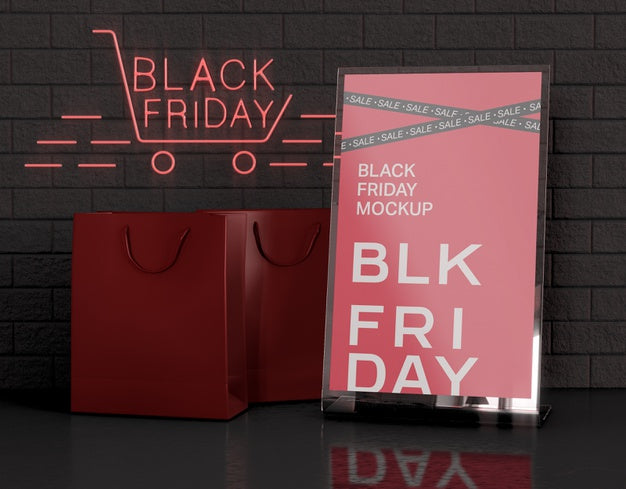 Free Acrylic Table Tent With Card Holder Mockup. Black Friday Concept Psd