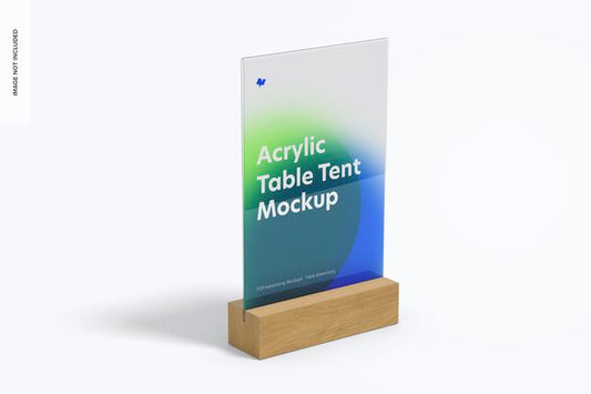 Free Acrylic Table Tent With Wood Base Mockup Psd