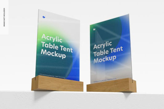 Free Acrylic Table Tents With Wood Base Mockup, Low Angle View Psd