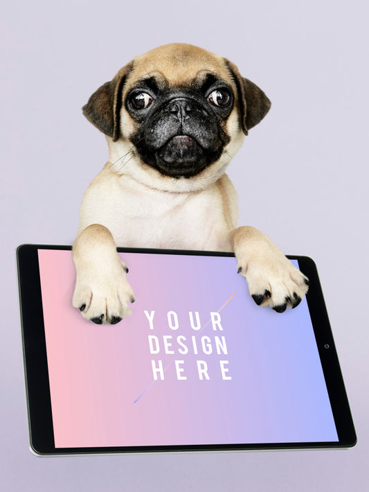 Free Adorable Pug Puppy With Digital Tablet Mockup Psd