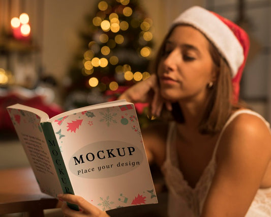 Free Adult Woman Reading A Christmas Book With Mock-Up Psd