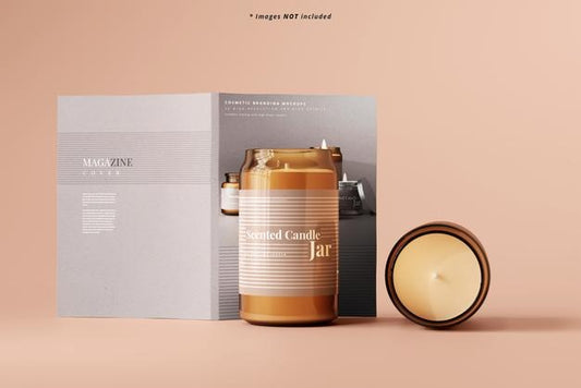 Free Amber Glass Candle With Magazine Mockup Psd