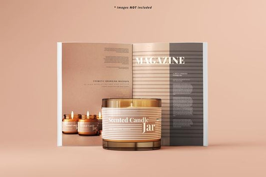Free Amber Glass Candle With Magazine Mockup Psd