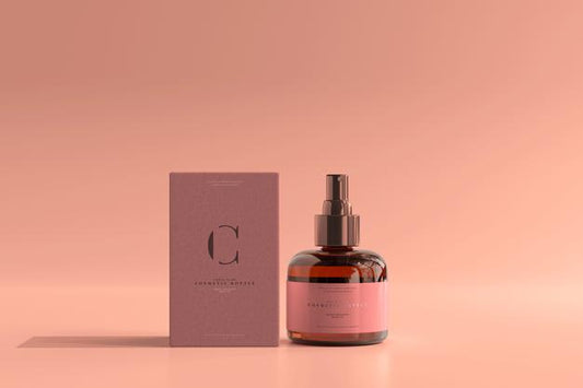 Free Amber Glass Cosmetic Spray Bottle And Box Mockup Psd