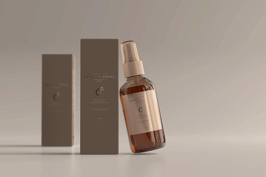 Free Amber Glass Cosmetic Spray Bottle With Box Mockup Psd