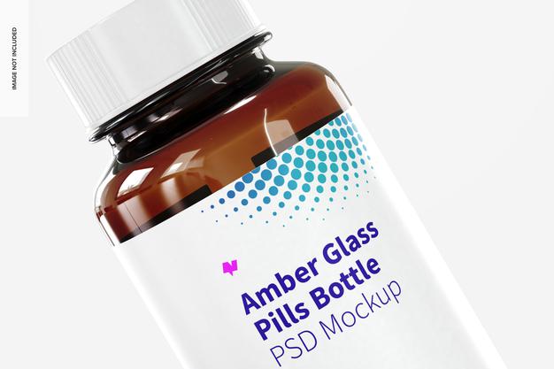 Free Amber Glass Pills Bottle Mockup, Right View Psd