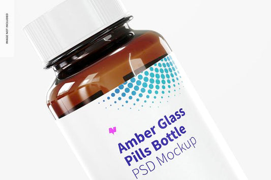 Free Amber Glass Pills Bottle Mockup, Right View Psd
