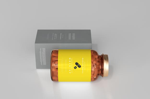 Free Amber Medicine Bottle And Box Mockup Psd