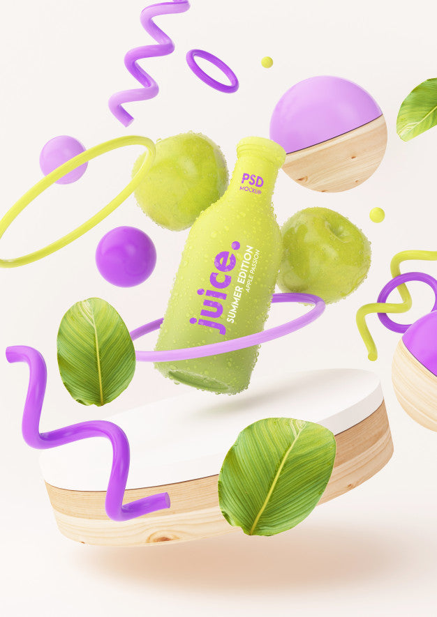 Free Apple Juice Mockup With Abstract Objects Psd