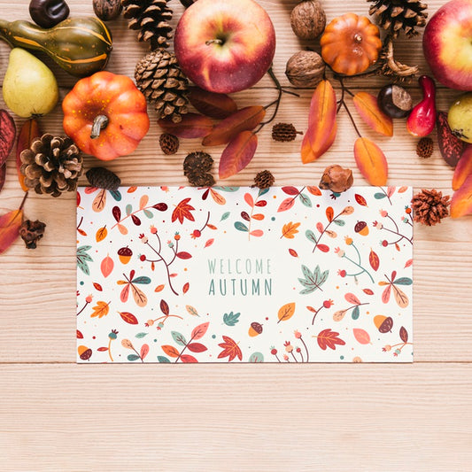 Free Apples And Pine Cones With Colourful Card Psd