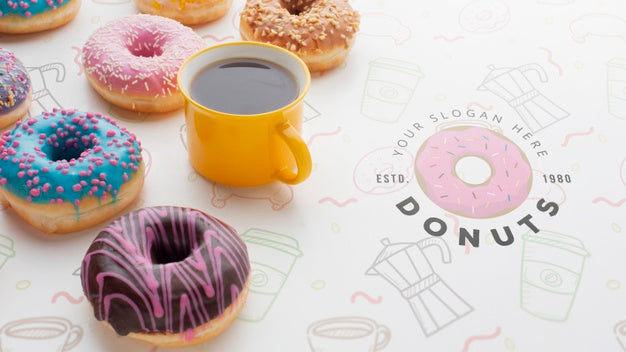 Free Arrangement Of Colorful Donuts And Black Coffee With Mock-Up Psd