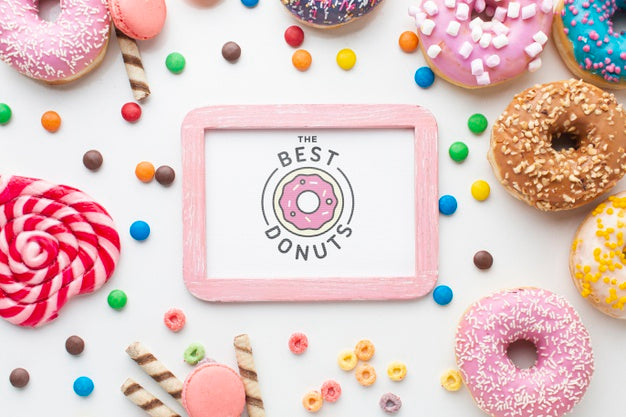 Free Arrangement Of Colorful Donuts And Sweets With Frame Mock-Up Psd
