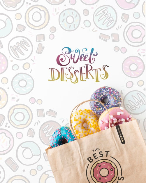 Free Arrangement Of Colorful Donuts In Paper Bag With Mock-Up Psd