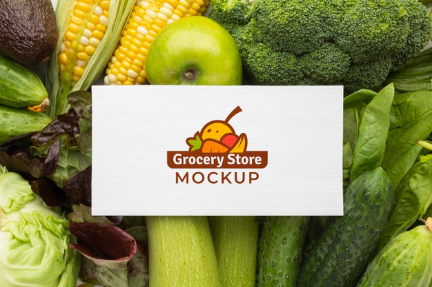 Free Arrangement Of Delicious Vegetables And Fruits With Mock-Up Card Psd