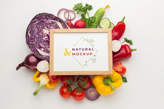 Free Arrangement Of Delicious Vegetables With Mock-Up Frame Psd