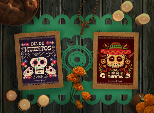 Free Arrangement Of Dia De Muertos Mexican Skull Mock-Ups And Candles Psd