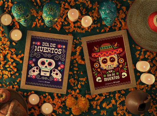 Free Arrangement Of Dia De Muertos Mexican Skull Mock-Ups Psd