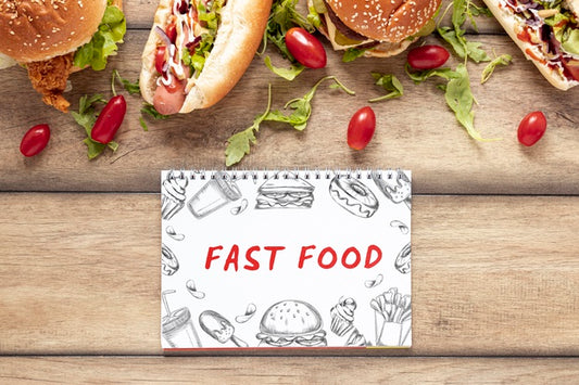 Free Arrangement Of Fast Food Mock-Up On Wooden Table Psd