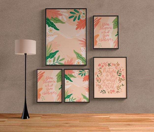 Free Arrangement Of Frames Mock-Up Hanging On The Wall Psd