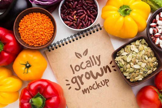 Free Arrangement Of Locally Grown Veggies Mock-Up And Notepad Psd