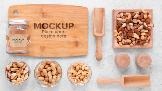 Free Arrangement Of Nuts With Wooden Board Mock-Up Psd