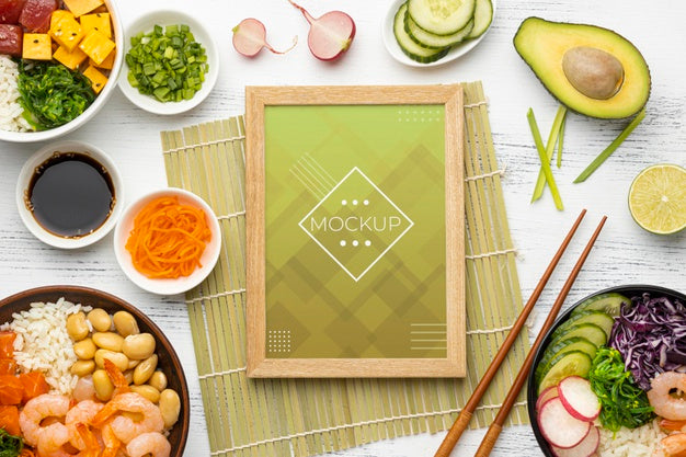 Free Arrangement Of Poke Bowls With Mock-Up Frame Psd