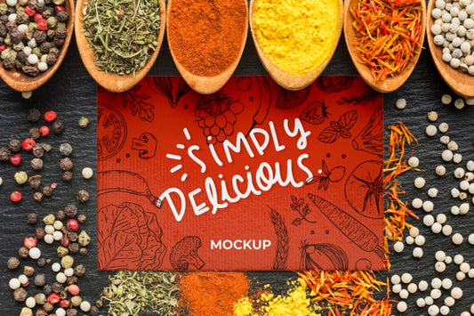 Free Arrangement Of Spices In Spoons Simply Delicious Mock-Up Psd