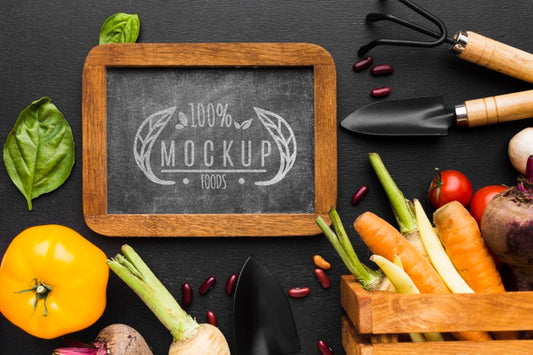 Free Arrangement Of Tools And Locally Grown Veggies Mock-Up Psd