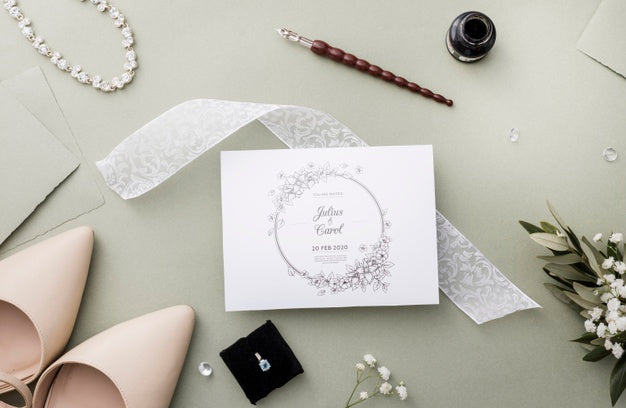Free Arrangement Of Wedding Elements With Card Mock-Up Psd