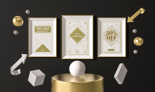 Free Arrangement Of White Sale Frames And 3D Geometrical Shapes Psd