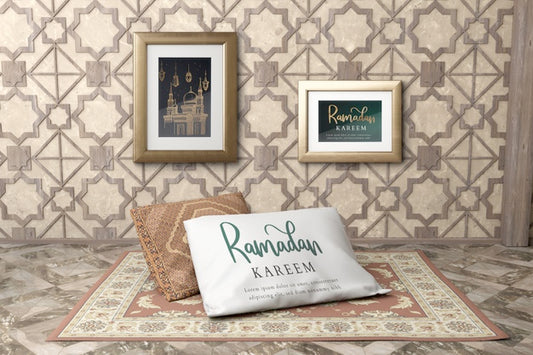 Free Arrangement With Frames On Wall And Pillow On Carpet Psd