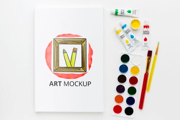 Free Art Mock-Up With Watercolors Flat Lay Psd